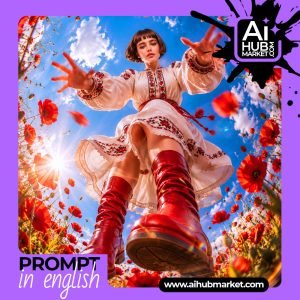 An artistic representation of a person floating in a vibrant poppy field.
