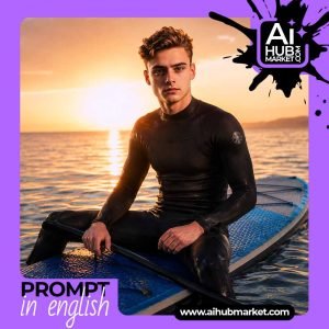 A close-up of a young man in a wetsuit on a paddle board during sunset