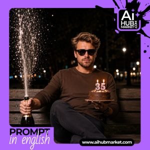 A stylish birthday celebration scene with cake and champagne