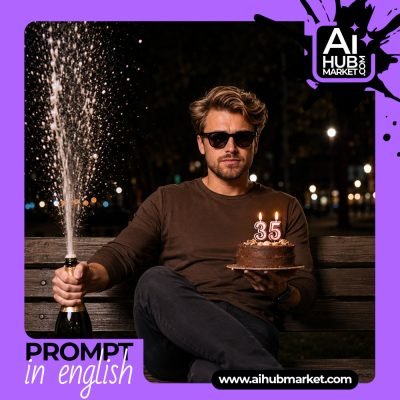 A stylish birthday celebration scene with cake and champagne