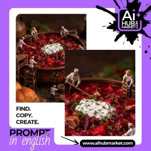 Miniature chefs preparing borscht in a traditional Ukrainian bowl