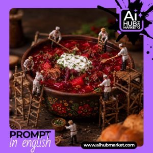 Detailed view of borscht with miniature chefs at work