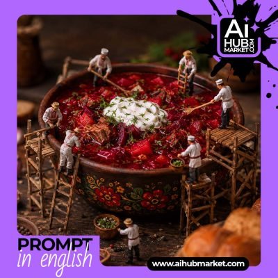Detailed view of borscht with miniature chefs at work