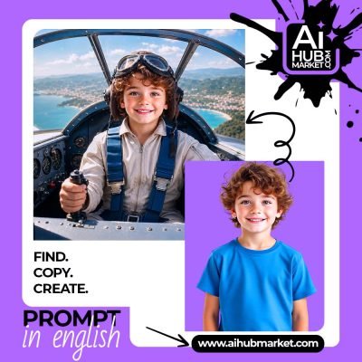A child pilot smiling in an aircraft cockpit with a scenic view.