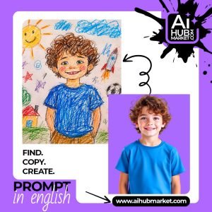 A colorful child's drawing featuring a smiling boy, sun, and rocket.