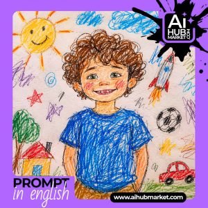 A vibrant child's drawing showcasing a happy boy with a sunny background.