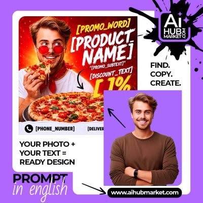 A colorful commercial flyer design for pizza delivery featuring a smiling man holding a slice of pizza.