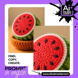 A handmade crochet watermelon sitting in a knitted basket