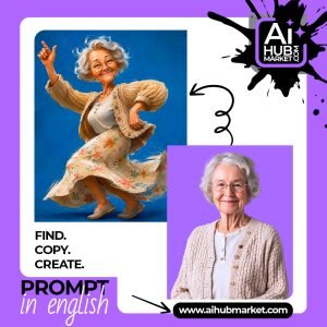 A joyful dancing grandma character in a vibrant illustration