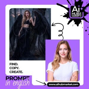 A mystical dark queen with wings standing in a foggy forest