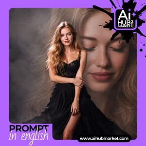 Elegant woman in a black gown with a dreamy double exposure effect.