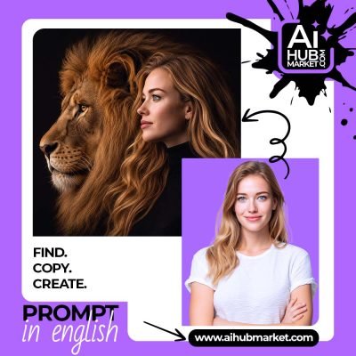 An elegant woman portrayed with a majestic lion, showcasing a blend of beauty and strength.