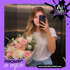 A close-up of a woman smiling while holding flowers in an elevator.