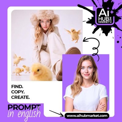 A stylish woman in a fur hat surrounded by baby chicks