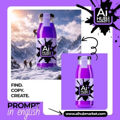 A giant purple bottle in the mountains with climbers