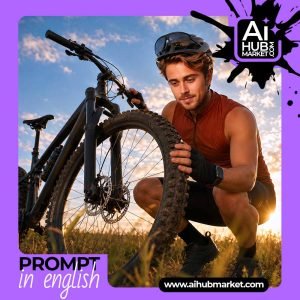 A close-up of a cyclist with a mountain bike at sunset.