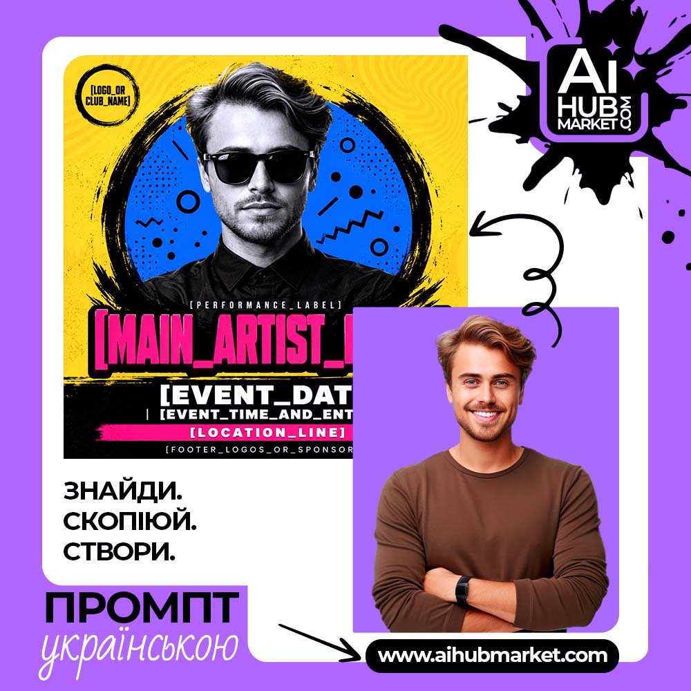 Промпт Яскравий клубний pop-art постер з фото