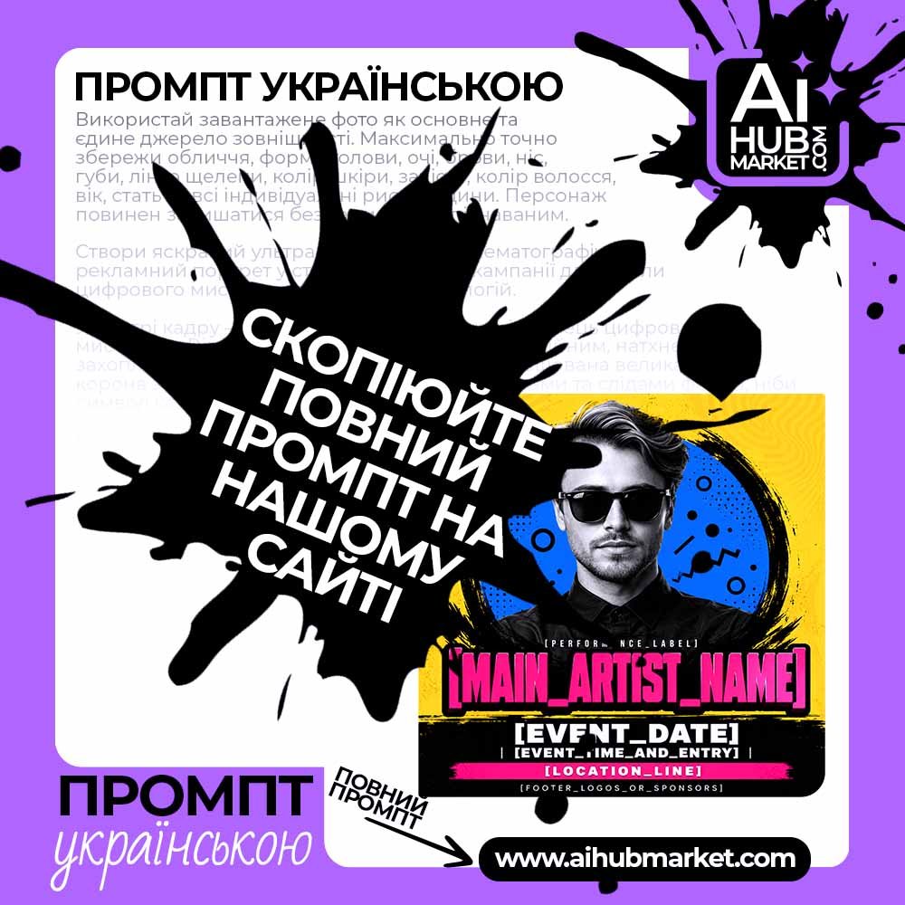 Промпт Яскравий клубний pop-art постер з фото