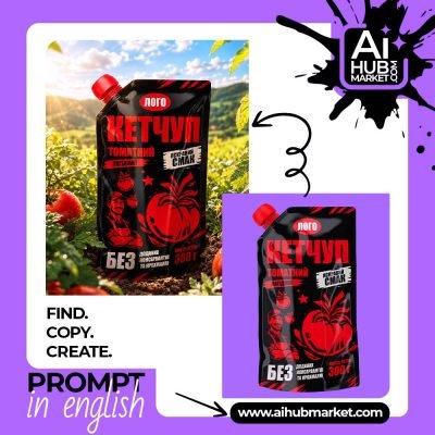 A vibrant ketchup package set against sunlit tomato fields.