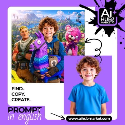 A child holding a Fortnite llama with characters in the background