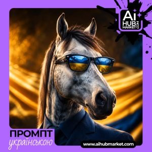 Кінь-бізнесмен на фоні українського прапора