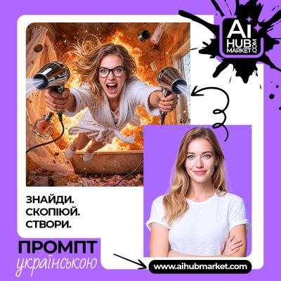 Жінка з фенами в руці в хаотичній ванній кімнаті