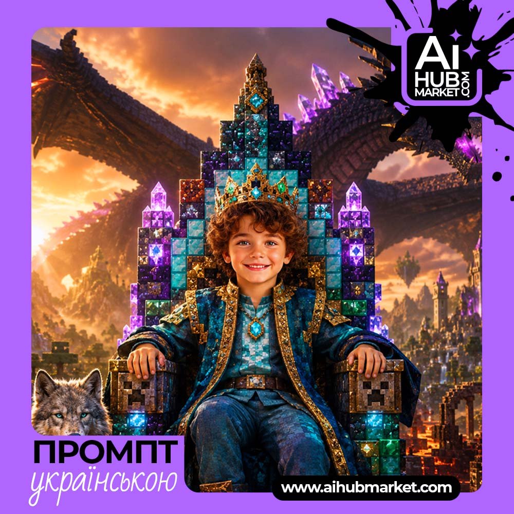 Промпт Король Minecraft на кришталевому троні з фото