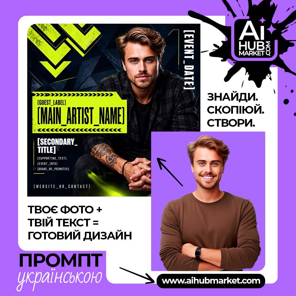 Промпт Кислотний техно-постер артиста з фото