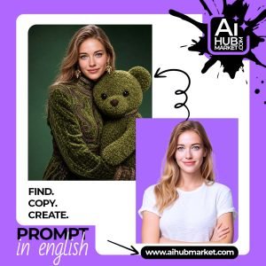 A model holding a green teddy bear in a stylish outfit.