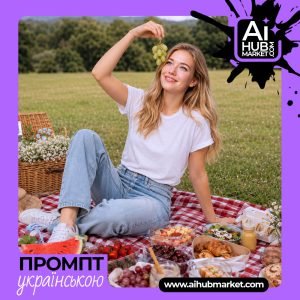 Дівчина сидить на траві з кошиком їжі