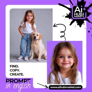 A young girl smiling beside a Labrador dog in a studio setting.