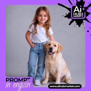 A child and a Labrador dog posing together in a professional photoshoot.