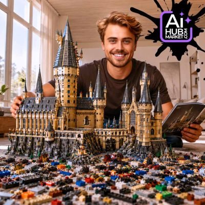 A detailed view of a building-block castle with colorful pieces.