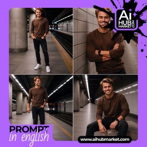 A stylish model walking confidently on a metro platform.