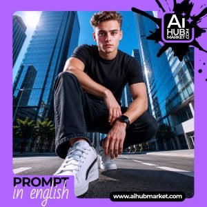 Close-up of a young man showcasing street style against skyscrapers.