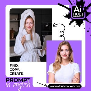 A woman in a cozy bathrobe holding a coffee cup and laptop in a modern kitchen.
