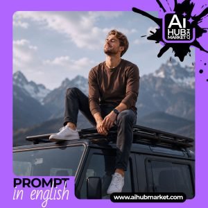 Cinematic outdoor portrait of a man on a car in nature.
