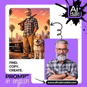 An illustration of a confident character with a dog, set against a sunset backdrop.