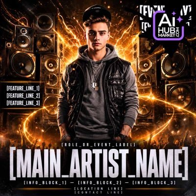 Event flyer showcasing a club artist with vibrant graphics