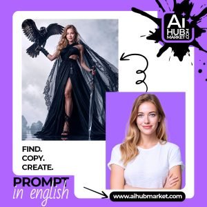 A powerful raven priestess stands confidently with a raven and sword, embodying mysticism and elegance.