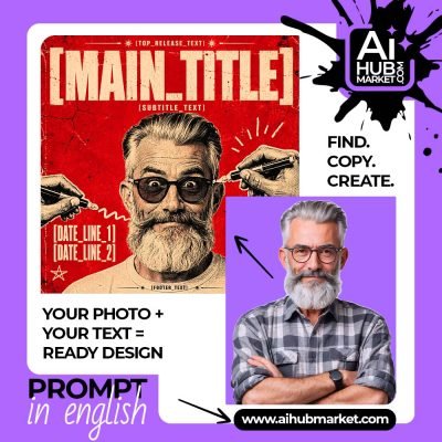A vibrant retro movie poster design featuring a bearded man with glasses and a vintage aesthetic.