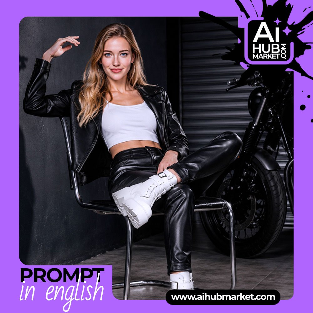 Prompt Stylish Biker Photoshoot in a Garage