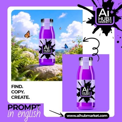 A vibrant sunny meadow with a purple bottle in focus, surrounded by butterflies and greenery.