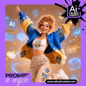 A cheerful AI-inspired Ukrainian girl with a creative background
