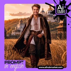 A confident nobleman showcasing Ukrainian heritage against a scenic backdrop.