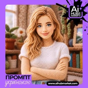 Жінка з в’язаною фігурою на фоні