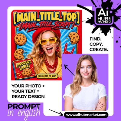 A vibrant pop-art poster featuring a joyful woman with cookies, showcasing a fun design.