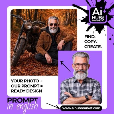 A stylish man with a beard sitting next to a vintage motorcycle in an autumn forest setting.