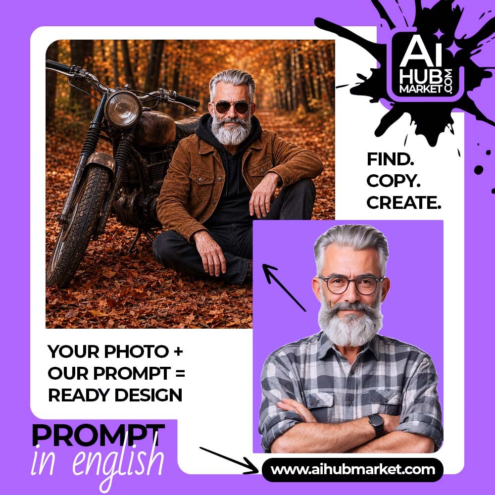 Prompt Autumn Portrait with a Vintage Motorcycle