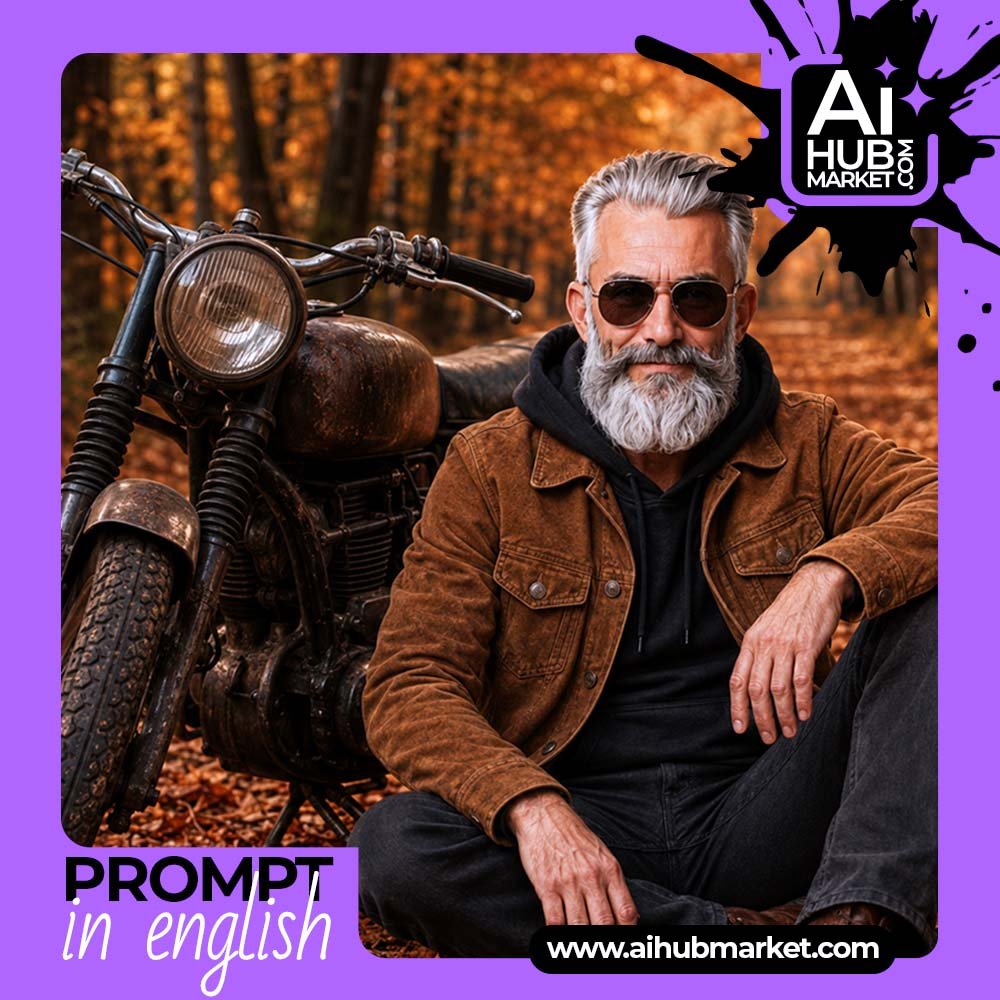 Prompt Autumn Portrait with a Vintage Motorcycle